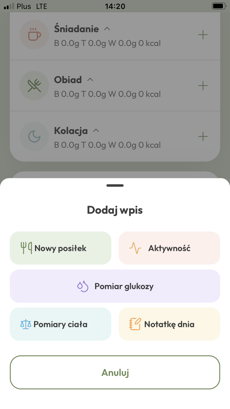 Ekran SlimPepper umożliwiający dodanie posiłku, aktywności, pomiaru lub notatki