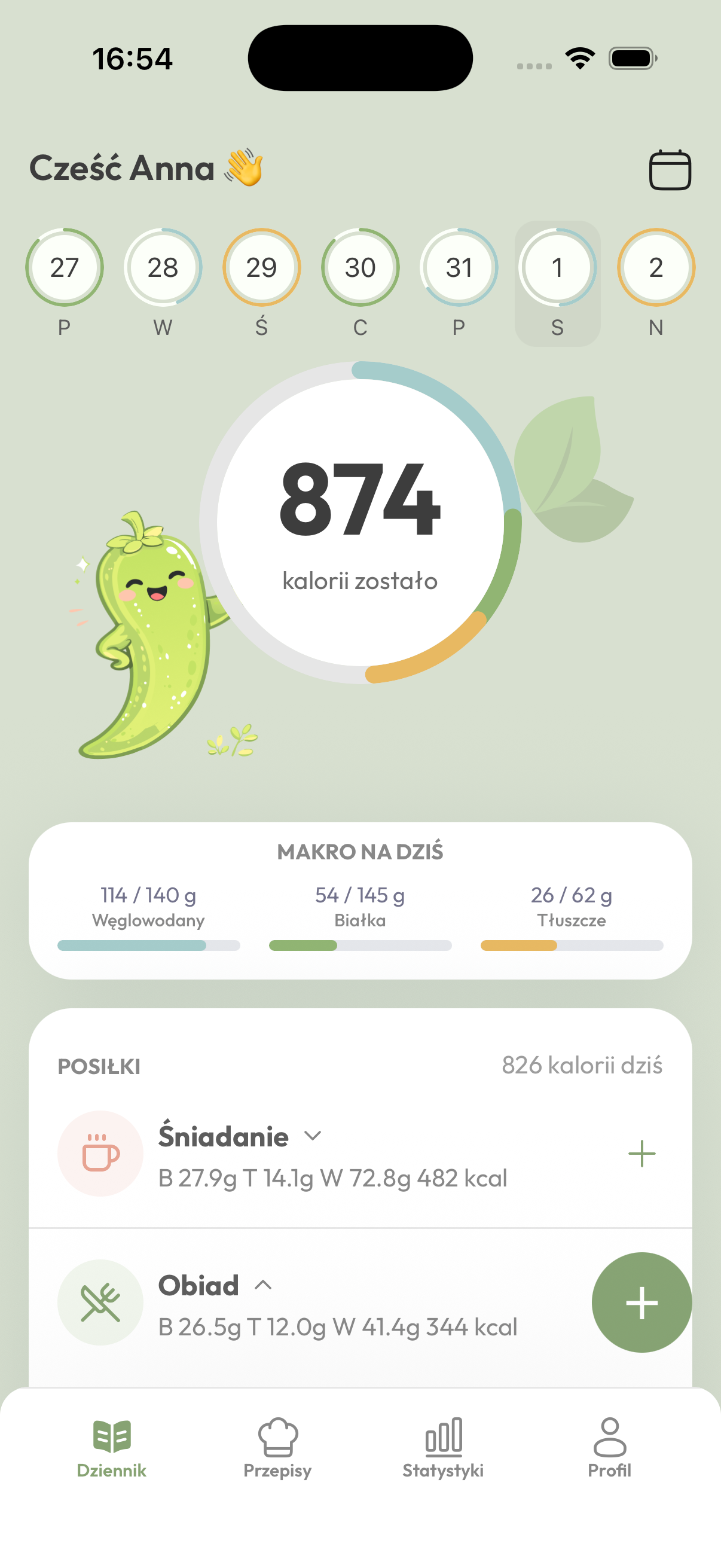 Dziennik SlimPepper z kaloriami, makro i posiłkami